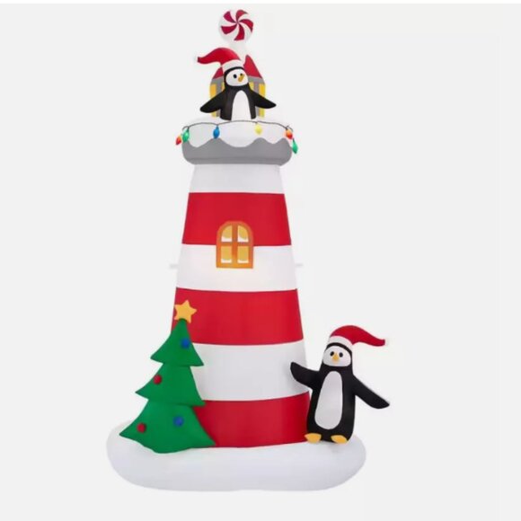 7.5 Ft Lighthouse Penguins LED Christmas Airblown Inflatable Coastal Beach Boat - Picture 2 of 4